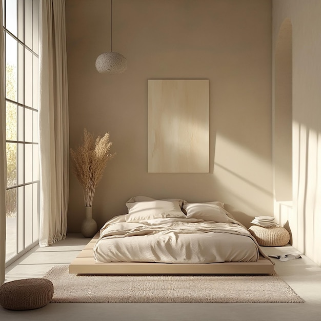 Photo quotneutraltoned bedroom with beige walls and soft furnishingsquot