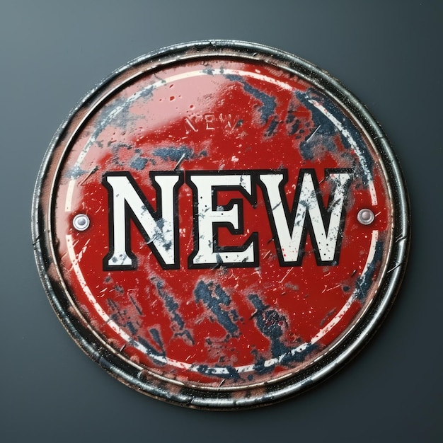 A quotNEWquot label with a badge shape featuring a red background and white text with an embossed ef