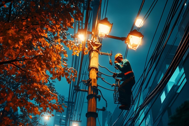 quotNighttime Electrician Fixing Streetlightquot