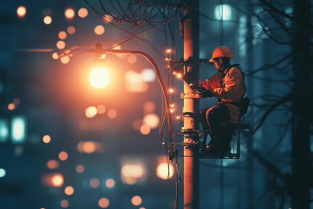 Photo quotnighttime electrician fixing streetlightquot