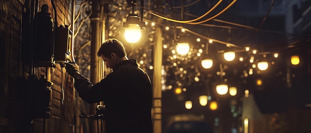 Photo quotnighttime electrician fixing streetlightquot