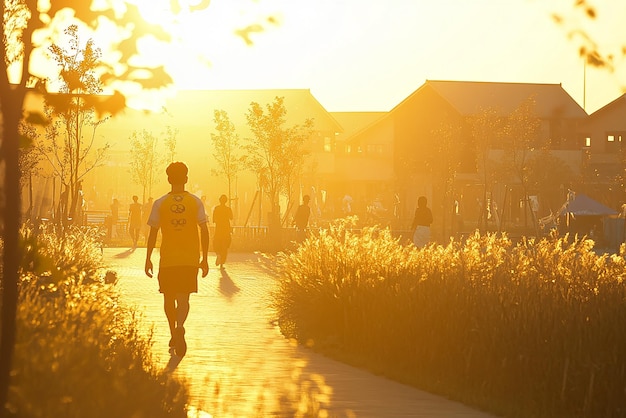 Photo quotolympic village at sunset with warm golden glowquot