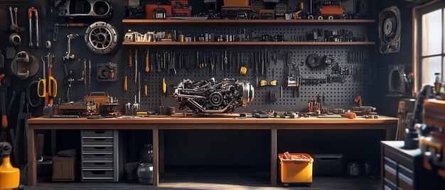 Photo quotorganized mechanics workbench with tools and equipmentquot