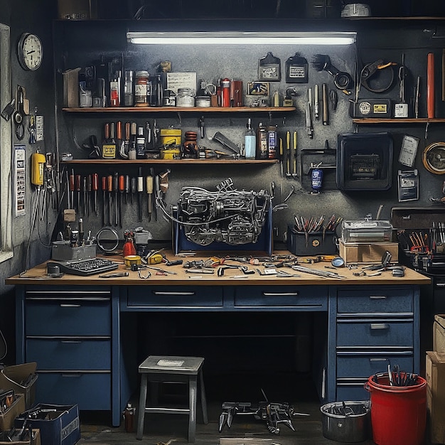 quotOrganized Mechanics Workbench with Tools and Equipmentquot