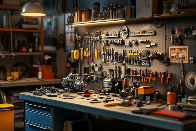 quotOrganized Mechanics Workbench with Tools and Equipmentquot