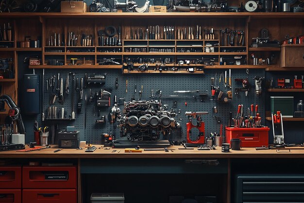 Photo quotorganized mechanics workbench with tools and equipmentquot