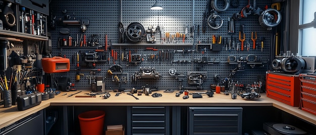 quotOrganized Mechanics Workbench with Tools and Equipmentquot