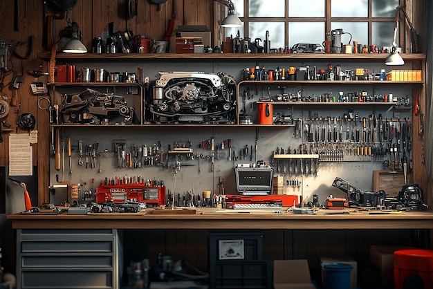 quotOrganized Mechanics Workbench with Tools and Equipmentquot