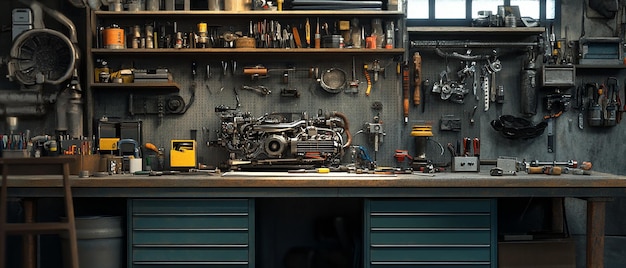 Photo quotorganized mechanics workbench with tools and equipmentquot