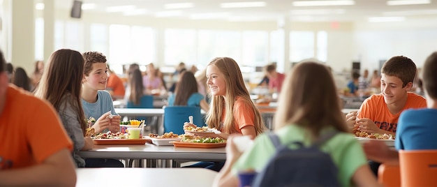 Photo quotpanoramic view of a large cafeteria with groups of studentsquot