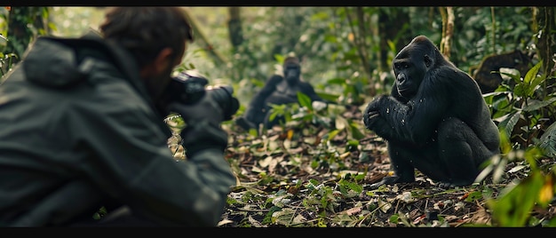 Photo quotphotographer capturing a family of gorillas in the forestquot