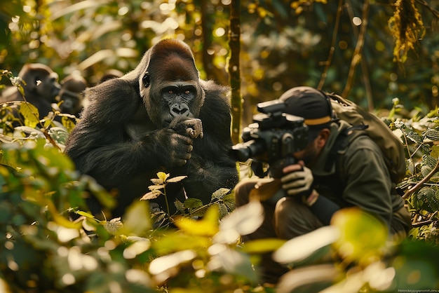 Photo quotphotographer capturing a family of gorillas in the forestquot