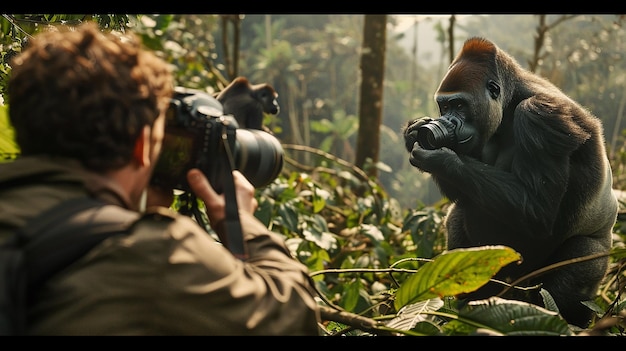 Photo quotphotographer capturing a family of gorillas in the forestquot