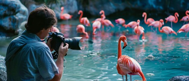 Photo quotphotographer capturing flamingos in a vibrant lagoonquot