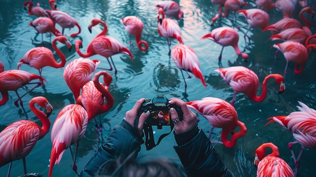 Photo quotphotographer capturing flamingos in a vibrant lagoonquot