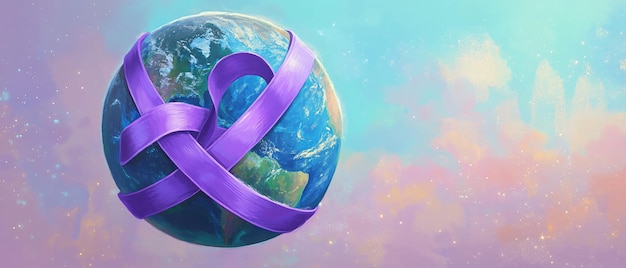 quotPlanet Earth Wrapped in Purple Ribbon for Cancer Awarenessquot