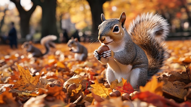 quotPlayful Squirrels Gathering Acorns in Autumn Forest Scenequot