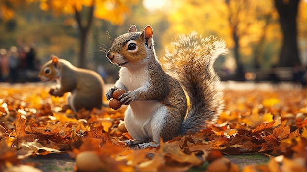 quotPlayful Squirrels Gathering Acorns in Autumn Forest Scenequot