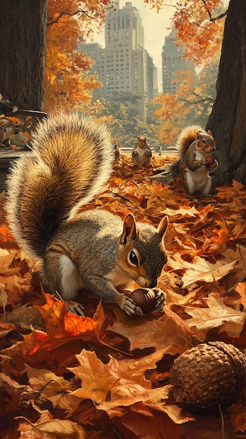 quotPlayful Squirrels Gathering Acorns in Autumn Forest Scenequot