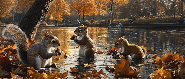 quotPlayful Squirrels Gathering Acorns in Autumn Forest Scenequot