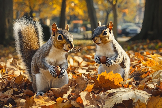 quotPlayful Squirrels Gathering Acorns in Autumn Forest Scenequot