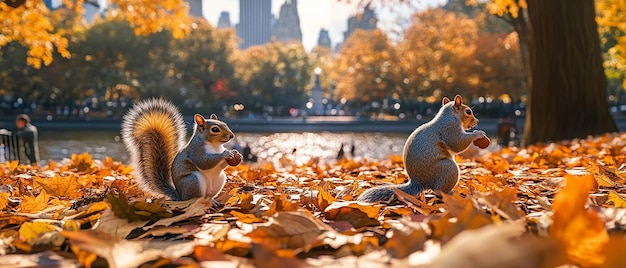 quotPlayful Squirrels Gathering Acorns in Autumn Forest Scenequot