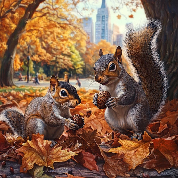 quotPlayful Squirrels Gathering Acorns in Autumn Forest Scenequot