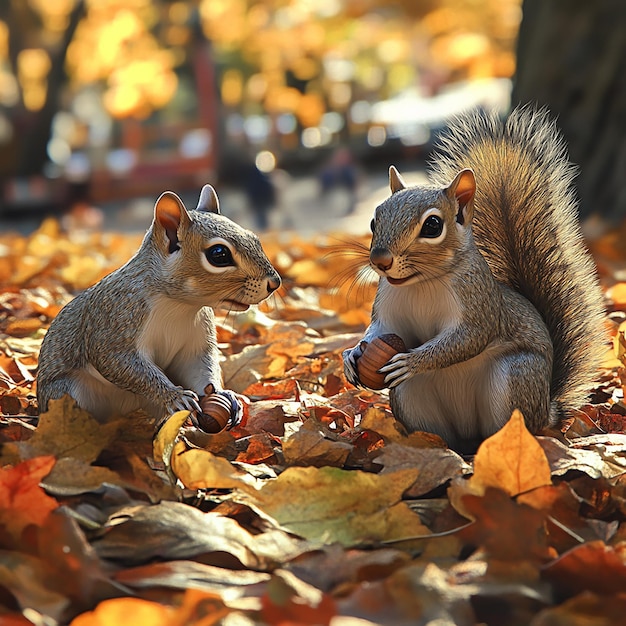 quotPlayful Squirrels Gathering Acorns in Autumn Forest Scenequot