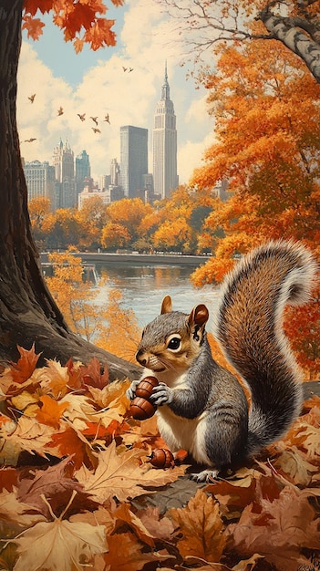 quotPlayful Squirrels Gathering Acorns in Autumn Forest Scenequot