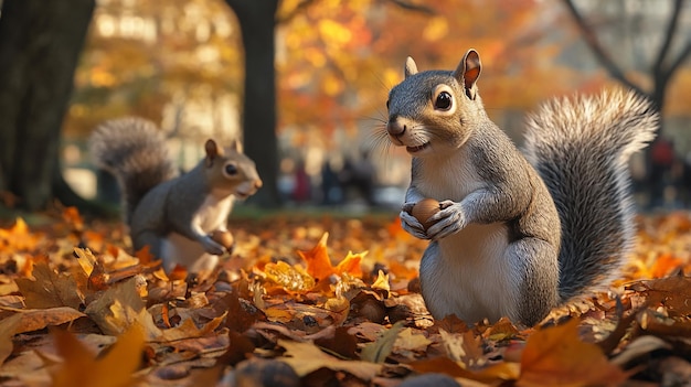 quotPlayful Squirrels Gathering Acorns in Autumn Forest Scenequot