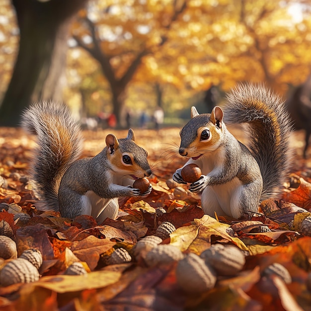 quotPlayful Squirrels Gathering Acorns in Autumn Forest Scenequot