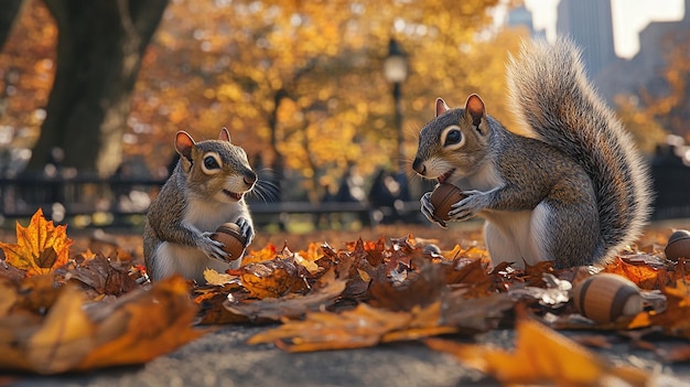 quotPlayful Squirrels Gathering Acorns in Autumn Forest Scenequot