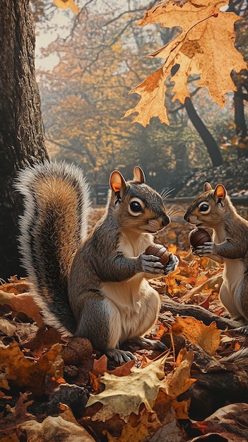 quotPlayful Squirrels Gathering Acorns in Autumn Forest Scenequot