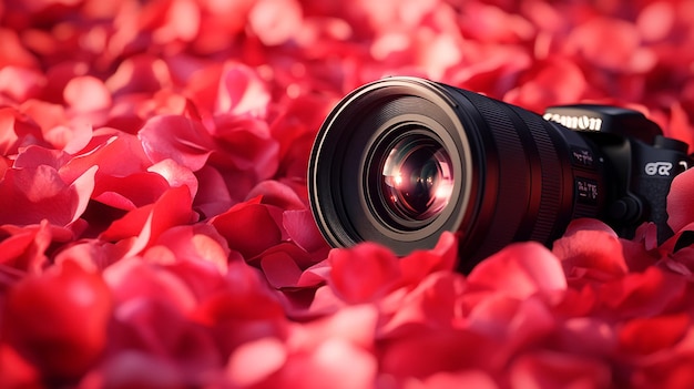 Photo quotprofessional camera lens resting in a bed of rosesquot