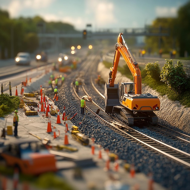 Photo quotrailway track being laid alongside a major highwayquot