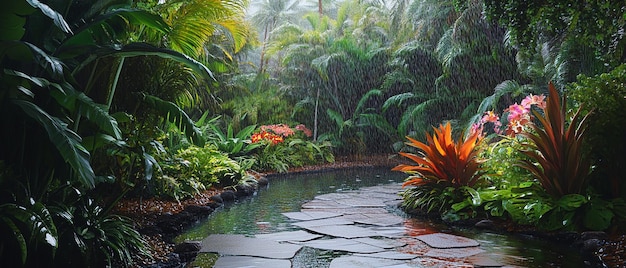 quotRainSoaked Australian Backyard with Tropical Plantsquot