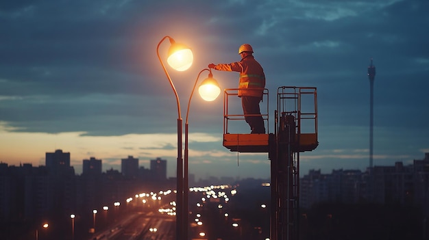 Photo quotroad worker adjusting the height of a streetlightquot