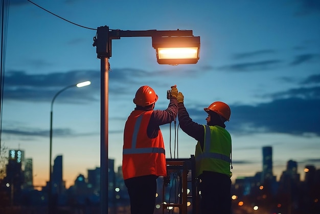 Photo quotroad worker adjusting the height of a streetlightquot