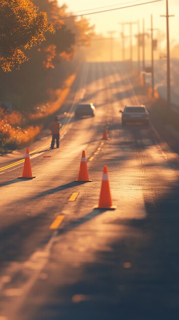 quotRoad Worker Carefully Placing Orange Cones Along the Roadsidequot