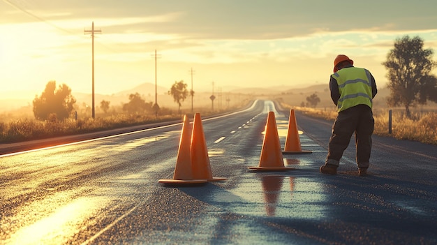 quotRoad Worker Carefully Placing Orange Cones Along the Roadsidequot