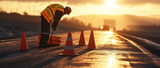 quotRoad Worker Carefully Placing Orange Cones Along the Roadsidequot