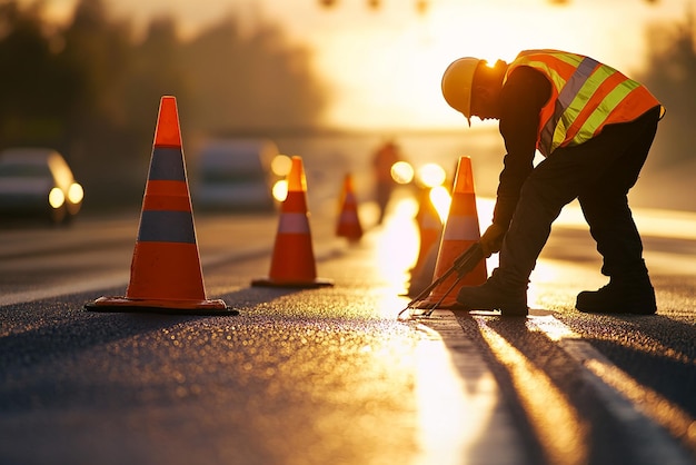 quotRoad Worker Carefully Placing Orange Cones Along the Roadsidequot