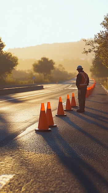 quotRoad Worker Carefully Placing Orange Cones Along the Roadsidequot