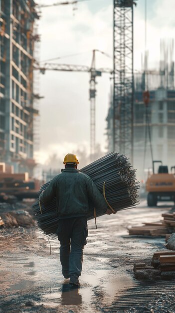 Photo quotroad worker carrying large rebar bundle at construction sitequot