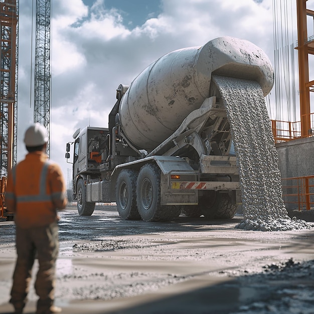 Photo quotroad worker guiding massive concrete mixer truckquot