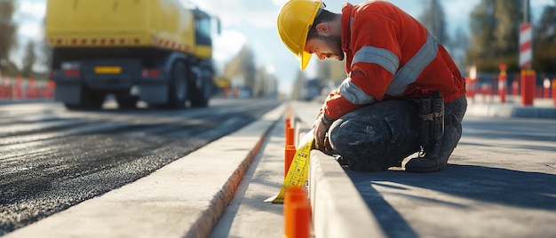 Photo quotroad worker inspecting alignment of newly installed road barriersquot