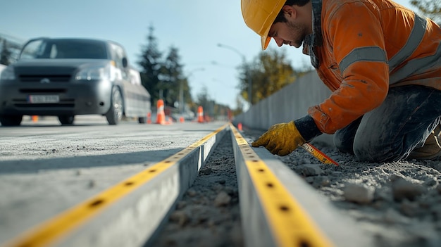 quotRoad Worker Inspecting Alignment of Newly Installed Road Barriersquot