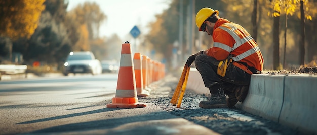 Photo quotroad worker inspecting alignment of newly installed road barriersquot