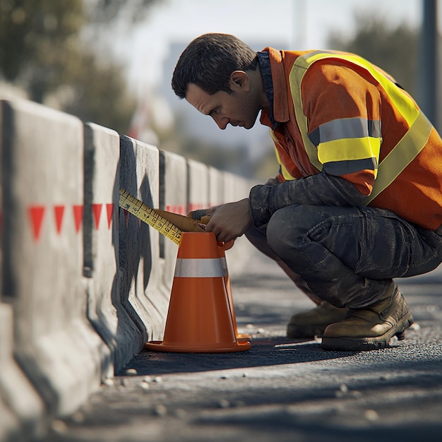 Photo quotroad worker inspecting alignment of newly installed road barriersquot