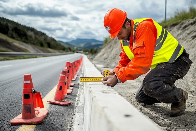 Photo quotroad worker inspecting alignment of newly installed road barriersquot